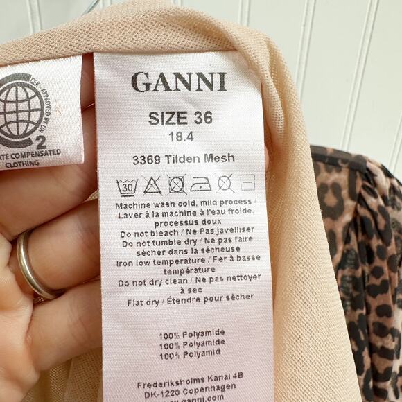 Ganni Tilden Leopard Sheer Ruched Mesh Bodycon Slip Wrap Mini Dress Ruffle Small - Picture 10 of 11